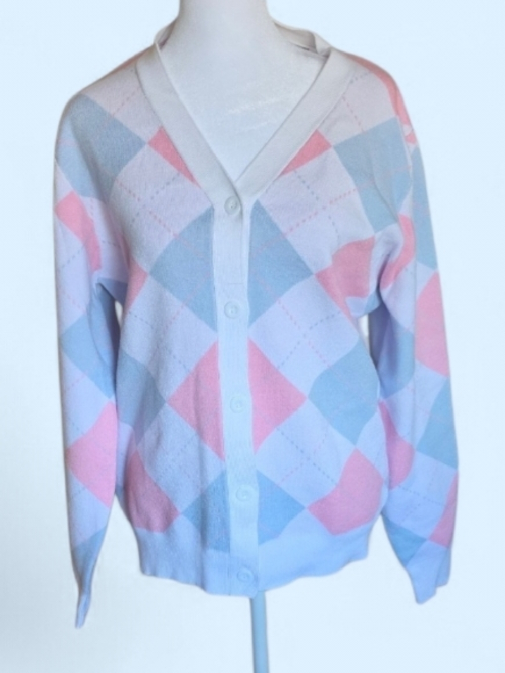 Grace Karin Pastel Pink & Light Blue Argyle Button Cardigan